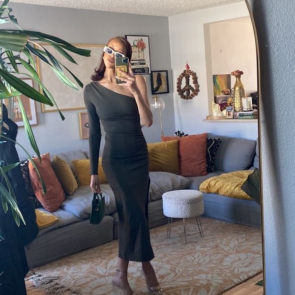 Zara Draped Asymmetrical Olive Green Dress - Picture 10 of 14